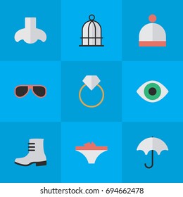 Vector Illustration Set Of Simple Accessories Icons. Elements Boot, Sunglasses, Wool Wear And Other Synonyms Vision, Sunglasses And Boot.