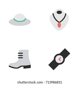 Vector Illustration Set Of Simple Accessories Icons. Elements Boot, Female Cap, Wristwatch And Other Synonyms Boot, Wristwatch And Choker.