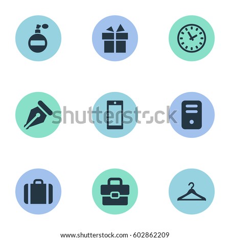 Vector Illustration Set Of Simple Accessories Icons. Elements Business Bag, System Unit, Fragrance And Other Synonyms Gratuity, Deodorant And Nib.