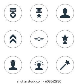 Vector Illustration Set Of Simple Achievement Icons. Elements Miracle, Triumphant, Postgraduate And Other Synonyms Graphic, Magic And Achieve.