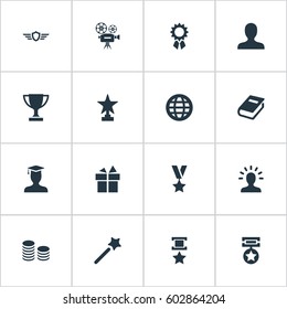Vector Illustration Set Of Simple Achievement Icons. Elements Literature, Currency, User And Other Synonyms Medal, Present And Miracle.