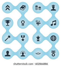 Vector Illustration Set Of Simple Achievement Icons. Elements Avatar, Literature, Guard And Other Synonyms Wand, Emblem And Reward.