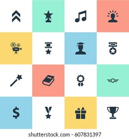 Vector Illustration Set Of Simple Achievement Icons. Elements Melody, Guard, Literature And Other Synonyms Achieve, Surprise And Up.