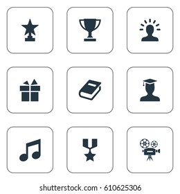 Vector Illustration Set Of Simple Achievement Icons. Elements Trophy, Postgraduate, Cinema And Other Synonyms User, Star And Video.