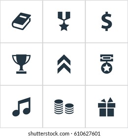 Vector Illustration Set Of Simple Achievement Icons. Elements Growth Diagram, Currency, Money And Other Synonyms Note, Champion And Cup.