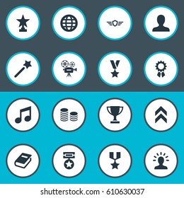 Vector Illustration Set Of Simple Achievement Icons. Elements Currency, Trophy, World And Other Synonyms Profile, Cash And Diagram.