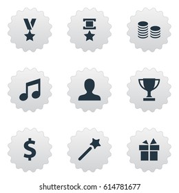 Vector Illustration Set Of Simple Achievement Icons. Elements Present, Money, Trophy And Other Synonyms Music, Coins And Note.