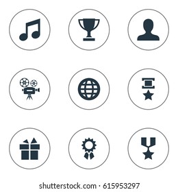 Vector Illustration Set Of Simple Achievement Icons. Elements Present, User, Melody And Other Synonyms Champion, Earth And Note.