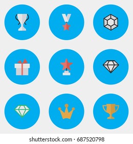 Vector Illustration Set Of Simple Achievement Icons. Elements Corona, Champion, Present And Other Synonyms Trophy, Crown And Brilliant.