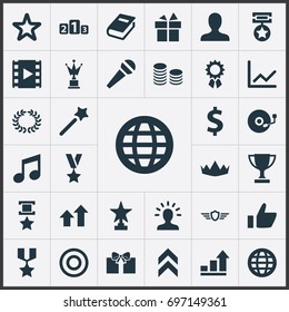 Vector Illustration Set Of Simple Achievement Icons. Elements Karaoke, Dartboard, Growth Diagram And Other Synonyms World, Conquering And Miracle.