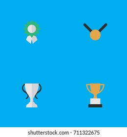 Vector Illustration Set Of Simple Achievement Icons. Elements Medal, Reward, Champion And Other Synonyms Reward, Gold And Goblet.