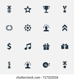 Vector Illustration Set Of Simple Achievement Icons. Elements Wreath, Loading, Dollar And Other Synonyms Conquering, Triumph And Vinyl.