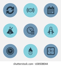 Vector Illustration Set Of Simple Administration Icons. Elements Chronometer, Timer, Planner And Other Synonyms Signal, Deadline And Calendar.