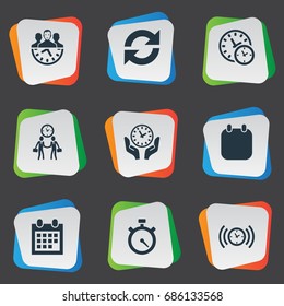 Vector Illustration Set Of Simple Administration Icons. Elements Saving, Meeting, Calendar And Other Synonyms Speedometer, Maintenance And Refresh.
