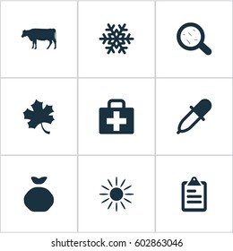 Vector Illustration Set Of Simple Agricultural Icons. Elements Medical Kit, Snowflake, Pipette And Other Synonyms Virus, Sunlight And Magnifier.