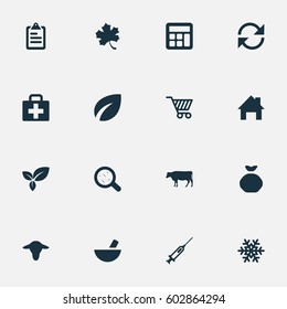 Vector Illustration Set Of Simple Agricultural Icons. Elements Ranch Home, Leaf, Cow And Other Synonyms Medicament, Buffalo And Flora.