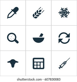 Vector Illustration Set Of Simple Agricultural Icons. Elements Refresh, Pipette, Buffalo And Other Synonyms Drug, Recycle And Math.