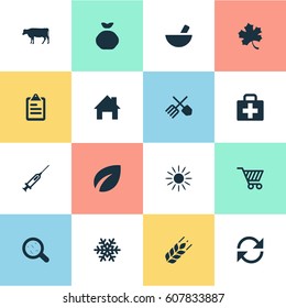 Vector Illustration Set Of Simple Agricultural Icons. Elements Cart, Sunshine, Refresh And Other Synonyms List, Medicine And Sunlight.
