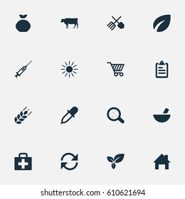 Vector Illustration Set Of Simple Agricultural Icons. Elements Wheat, Syringe, Refresh And Other Synonyms Drug, Horticulture And Vaccine.
