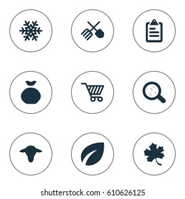 Vector Illustration Set Of Simple Agricultural Icons. Elements Leaves, Virus, Horticulture Equipment And Other Synonyms Magnifier, Forest And Virus.