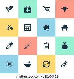 Vector Illustration Set Of Simple Agricultural Icons. Elements Refresh, Sack, Medical Kit And Other Synonyms Leaves, Calculator And Farm.