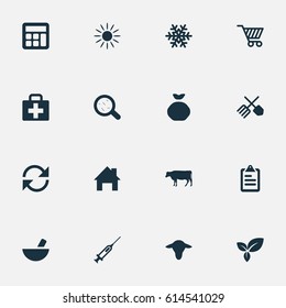 Vector Illustration Set Of Simple Agricultural Icons. Elements Cow, Sack, Sunshine And Other Synonyms Small, Drug And Calculator.