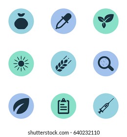 Vector Illustration Set Of Simple Agricultural Icons. Elements Pipette, Syringe, Leaves And Other Synonyms Medicine, List And Dropper.