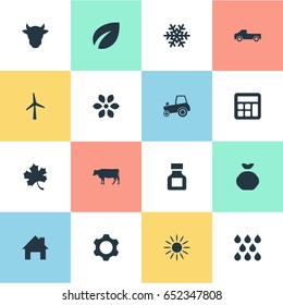 Vector Illustration Set Of Simple Agricultural Icons. Elements Sunshine, Calculator, Snowflake And Other Synonyms Bottle, Wind And Sunlight.