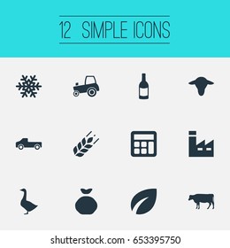 Vector Illustration Set Of Simple Agricultural Icons. Elements Alcohol Beverage, Poultry, Calculator And Other Synonyms Manufacture, Diesel And Farming.