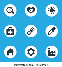 Vector Illustration Set Of Simple Agricultural Icons. Elements Medical Kit, Manufacture, Engine And Other Synonyms Farm, Engineering And Sunshine.