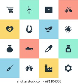 Vector Illustration Set Of Simple Agricultural Icons. Elements Turbine, Care, Pesticide And Other Synonyms Holdall, Industry And Store.