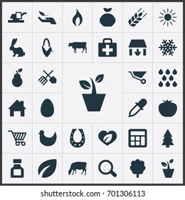 Vector Illustration Set Of Simple Agricultural Icons. Elements Horticulture Equipment, Duchess, Cattle And Other Synonyms Livestock, Trolley And Evergreen.
