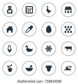 Vector Illustration Set Of Simple Agricultural Icons. Elements Flowerpot, Cow, Medicament And Other Synonyms Accounting, Plant And Goose.