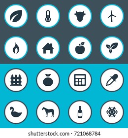 Vector Illustration Set Of Simple Agricultural Icons. Elements Jonagold, Pipette, Calculator And Other Synonyms Plant, Jonagold And Frost.