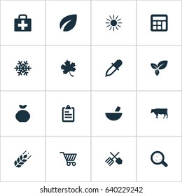 Vector Illustration Set Of Simple Agriculture Icons. Elements Cart, Wheat, Cow And Other Synonyms Insolation, Sunlight And Snow.