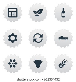Vector Illustration Set Of Simple Agriculture Icons. Elements Wheat, Bloom, Engine And Other Synonyms Wine, Calculator And Accounting.