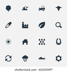 Vector Illustration Set Of Simple Agriculture Icons. Elements Watering, Manufacture, Farming Machinery And Other Synonyms Industry, Pipette And Dropper.