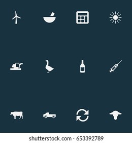 Vector Illustration Set Of Simple Agriculture Icons. Elements Poultry, Buffalo, Refresh And Other Synonyms Power, Bottle And Harvester.