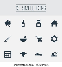 Vector Illustration Set Of Simple Agriculture Icons. Elements Truck, Farming Machinery, Leaf And Other Synonyms Diesel, Medicine And Calculator.