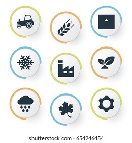Vector Illustration Set Of Simple Agriculture Icons. Elements Farm Vehicle, Wheat, Forecast And Other Synonyms Grass, Snowflake And Farm.