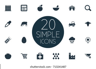 Vector Illustration Set Of Simple Agriculture Icons. Elements Hangar, Medicament, Wooden Barrier And Other Synonyms Dropper, Magnifier And Melioration.
