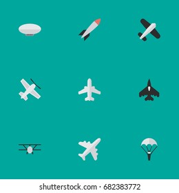 Vector Illustration Set Of Simple Aircraft Icons. Elements Balloons, Flying Vehicle, Airplane And Other Synonyms Man, Bomb And Dynamite.