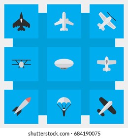 Vector Illustration Set Of Simple Aircraft Icons. Elements Airplane, Craft, Aviation And Other Synonyms Airship, Flying And Bomb.