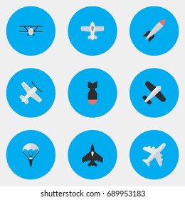 Vector Illustration Set Of Simple Aircraft Icons. Elements Airplane, Catapults, Bomb And Other Synonyms Craft, Bomb And Aviation.