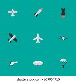 Vector Illustration Set Of Simple Aircraft Icons. Elements Copter, Balloons, Airplane And Other Synonyms Parachute, Bomb And Copter.