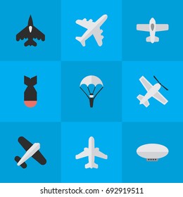 Vector Illustration Set Of Simple Aircraft Icons. Elements Catapults, Craft, Rocket And Other Synonyms Parachute, Aviation And Balloons. Vector Illustration Set Of Simple Aircraft Icons. Elements Catapults, Craft, Rocket And Other Synonyms Parachute, Aviation And Balloons.