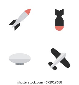Vector Illustration Set Of Simple Aircraft Icons. Elements Bomb, Aviation, Rocket And Other Synonyms Flying, Bomb And Balloons.