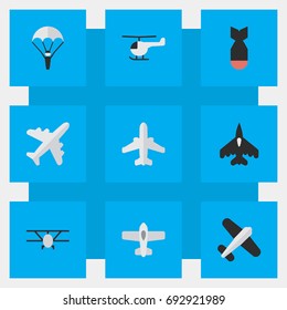 Vector Illustration Set Of Simple Aircraft Icons. Elements Flying Vehicle, Airliner, Airplane And Other Synonyms Bomb, Aviation And Craft.