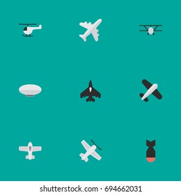 Vector Illustration Set Of Simple Aircraft Icons. Elements Copter, Aviation, Plane And Other Synonyms Chopper, Airplane And Flying.