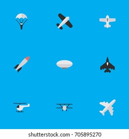 Vector Illustration Set Of Simple Aircraft Icons. Elements Flying Vehicle, Catapults, Balloons And Other Synonyms Parachute, Vehicle And Plane.